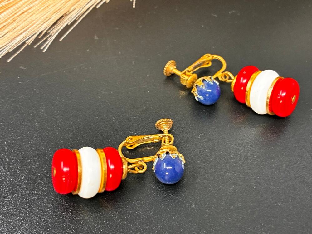 Vtg Miriam Haskell Patriotic Red White Blue Earrings Signed